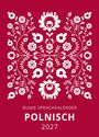 BUSKE SPRACHKALENDER POLNISCH 2027. Eine florale, symmetrische Illustration auf rotem Hintergrund.