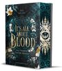 "It's all about Blood: Als Vampir unter Hexen" von Ina Milan. Dekorative Blumen und gotische Verzierungen auf dunklem Grund.