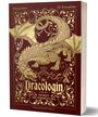 „Die Dracologin: Funken des Widerstands“ von Florian Schäfer, Elif Siebenpfeiffer. Goldener Drache auf rotem Hintergrund.