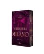 „Whispers of Milano“, Nio Black, „Risk It All“. Ein lila Karton mit einer großen Schleife und eleganten Mustern.