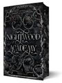 "NIGHTWOOD ACADEMY" ist in stilisierten Buchstaben geschrieben. Dunkle florale Muster und Verzierungen umrahmen den Text.