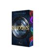 Text: "SHADOWS OF EMOTIONS", "KATHARINA OLBERT", "Whisper". Buchcover mit Schild und bunten Lichtstreifen.