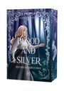 "BLOOD AND SILVER" - Ruf des Silberfuchses. Frau mit langem Haar im Wald, hält Dolch. Mondlicht, dekorative Rahmen.
