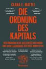 "CLARA E. MATTEI: DIE ORDNUNG DES KAPITALS. Zitate loben das Werk als lehrreich und provokativ. Unten ist ein Logo."