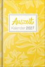 Text: "Auszeit Kalender 2027". Gelber Hintergrund mit floralen Mustern in Weiß.