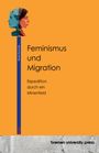 „Feminismus und Migration: Expedition durch ein Minenfeld“. Links ein vertikaler blauer Balken mit zwei weiblichen Profilen.