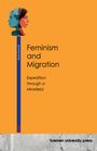 „Feminism and Migration: Expedition through a Minefield“. Illustration von zwei Frauenprofilen, orangefarbener Hintergrund.