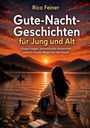 Text: "Rico Feiner, Gute-Nacht-Geschichten für Jung und Alt". Eine Person sitzt am See bei Sonnenuntergang.