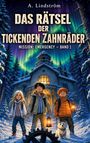"DAS RÄTSEL DER TICKENDEN ZAHRÄDER" steht über drei Kindern mit Laternen im Schnee, vor einem alten Haus, Nordlichter leuchten.