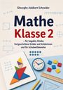 Buchtitel: "Mathe Klasse 2". Illustrationen mit geometrischen Formen, Uhr, Lineal, Bleistifte und einem geöffneten Notizbuch.