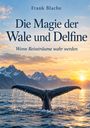 „Die Magie der Wale und Delfine“ und „Wenn Reiseträume wahr werden“. Der Sonnenuntergang über einem Meer mit Walflosse.