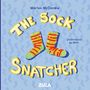 "The Sock Snatcher" in bunten Buchstaben, umgeben von gestreiften Socken auf hellblauem Hintergrund.