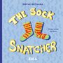 Text: "THE SOCK SNATCHER." Illustration zeigt bunte Socken, ein fröhliches Design auf blauem Hintergrund.