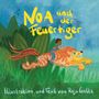 „Noa und der Feuertiger“ und „Illustration und Text von Raja Goltz“. Ein Kind reitet auf einem fliegenden, leuchtenden Tiger.