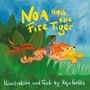 "Noa and the Fire Tiger" steht oben. Ein Kind reitet auf einem feurig aussehenden Tiger, vor üppigem Grün. Illustration.