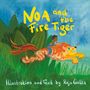 "Noa and the Fire Tiger" in leuchtenden Gelbtönen. Ein Kind reitet auf einem orange-roten Tiger. Grüne Umgebung.