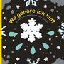Text: „Wo gehöre ich hin?“
Illustration: Schneeflocken, bunte geometrische Formen auf dunklem Hintergrund.
