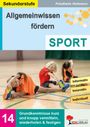 Titel: "Allgemeinwissen fördern". Wörter: Sekundarstufe, SPORT, Informativ, Innovativ, Individuell. Kinder dehnen sich in der Turnhalle.