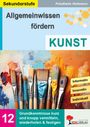 Titel: Allgemeinwissen fördern. Kunst. Bunte Pinsel vor einem farbenfrohen Hintergrund mit gelben Stickern.