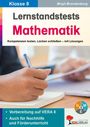 „Lernstandstests Mathematik“ für Klasse 8. Hand schreibt in Notizbuch. Logo unten rechts.