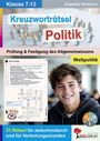 Text: "Kreuzworträtsel Politik", "Prüfung & Festigung des Allgemeinwissens", "Weltpolitik". Junge lächelt, Kreuzworträtsel sichtbar.