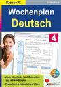 "Klasse 4 Wochenplan Deutsch. Jede Woche in fünf Einheiten auf einem Bogen. Freiarbeit & Häusliches Üben. Mädchen lächelt."