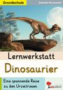 "Grundschule", "Lernwerkstatt Dinosaurier", "Eine spannende Reise zu den Urzeitriesen". Dinosaurier vor Bäumen und Mond.