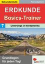 Text: "Sekundarstufe, Rudi Lütgeharm, ERDKUNDE Basics-Trainer, Unterwegs in Nordamerika, Grundlagen für jeden Tag!" Logo: Route 66 und ein Landschaftsfoto.