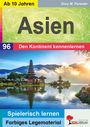 "Asien. Den Kontinent kennenlernen. Spielerisch lernen. Farbenfrohe Landschaft mit traditionellem Tempel am Wasser."