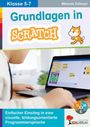 Klasse 5-7, Grundlagen in Scratch. Einfache Einführung in visuelle Programmierung. Illustration: Kind am Laptop, Scratch-Logo.