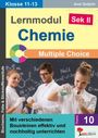 Text: Klasse 11-13, Axel Gutjahr, Lernmodul Chemie, Multiple Choice, Thema 10. Drei Menschen im Labor lächeln, arbeiten.