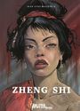 "JEAN-YVES DELITTE", "ZHENG SHI", eine Frau mit schwarzem Haar, roten Lippen, auffälligem Schmuck auf rotem Hintergrund.