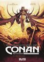 "Conan der Cimmerier: Salome die Hexe." Illustration einer mystischen Figur mit schwebendem Umhang und Schwertträger.