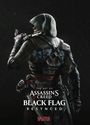 "The Art of Assassin's Creed Black Flag Resynced." Eine Figur in Kapuze und Lederrüstung hält ein Schwert, dunkler Hintergrund.