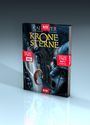 "Die Krone der Sterne", Band 1-3, Text auf rotem Hintergrund. Vorschau auf eine Buchreihe, fantasievolles Cover mit dunkelblauer Kunst.