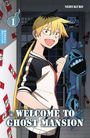 "Welcome to Ghost Mansion." Illustration: Junge mit langem Haar und Eckzahn, lächelnd, vor gruseliger Gestalt im Hintergrund.