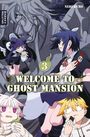 „WELCOME TO GHOST MANSION“ in großen Buchstaben. Illustration von Anime-Charakteren im Geister-Thema.