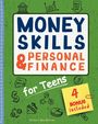 "Money Skills & Personal Finance for Teens. 4 Bonus included." Illustrationen: Bank, Diagramm, Geldsymbole auf grünem Grund.