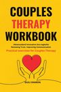 Große schwarze und rote Schrift: "COUPLES THERAPY WORKBOOK." Illustration: Hände halten ein rotes Herz auf gelbem Hintergrund.