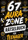 "67 AURA ZONE RÄTSELBUCH FÜR TEENAGER" in fetten, dynamischen Buchstaben auf schwarzem Hintergrund mit Rätselsymbolen.