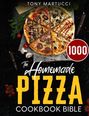 Text: "TONY MARTUCCI", "The Homemade Pizza Cookbook Bible", "1000".  
Eine Pizza mit verschiedenen Belägen in acht Stücken.