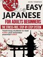 EASY JAPANESE FOR ADULTS BEGINNERS. Zweige mit Blüten und eine Pagode in schwarzer Silhouette, roter Kreis im Hintergrund.