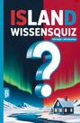 "ISLAND WISSENSQUIZ", "100 Fragen - 400 Antworten". Illustration von Polarlichtern, einem großen Fragezeichen und einem Haus am Fluss.