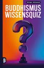 "Buddhismus Wissensquiz. 100 Fragen - 400 Antworten." Illustration: Silhouette im Lotussitz, großes Fragezeichen.
