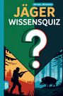 "JÄGER WISSENSQUIZ" und "100 Fragen - 400 Antworten". Illustration: Silhouette eines Jägers und Wildschweins im Wald.