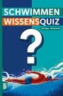 „SCHWIMMEN WISSENSQUIZ“, „100 Fragen - 400 Antworten“. Illustration eines Schwimmers unter einem großen Fragezeichen.