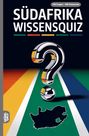 "SÜDAFRIKA WISSENSQUIZ", darunter ein großes Fragezeichen in metallischem Stil vor farbigen Streifen. Silhouette Südafrikas.