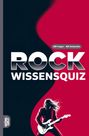 ROCK WISSENSQUIZ: "100 Fragen - 400 Antworten". Illustration eines rockenden Gitarristen auf rot-schwarzem Hintergrund.