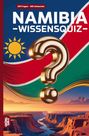 "100 Fragen - 400 Antworten" und "NAMIBIA WISSENSQUIZ". Illustration einer namibischen Landschaft und Flagge.