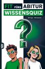 "FIT FÜRS ABITUR WISSENSQUIZ. 100 Fragen - 400 Antworten." Illustration: Zwei Personen mit Sonnenbrillen und ein Fragezeichen.